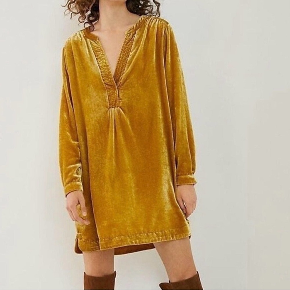 Anthropologie Mustard Velvet Long Sleeve tunic Dress boho luxe